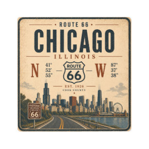 Retro Route 66 Chicago Skyline Beginning of Trail Metal Print
