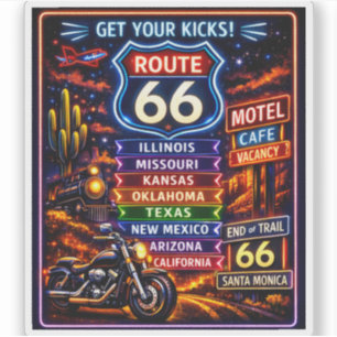 Retro Route 66 Neon Highway Traveler Souvenir Sticker