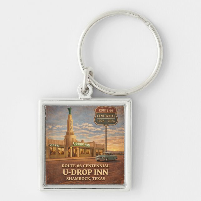 Retro Route 66 Shamrock Texas Roadside Gift Keychain (Front)