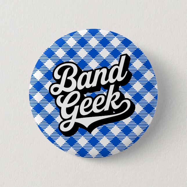Retro Royal Blue Marching Band Geek Gingham Button (Front)