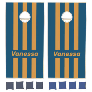 Retro Royal Gold Three Pin Striped with Name Cornhole Set