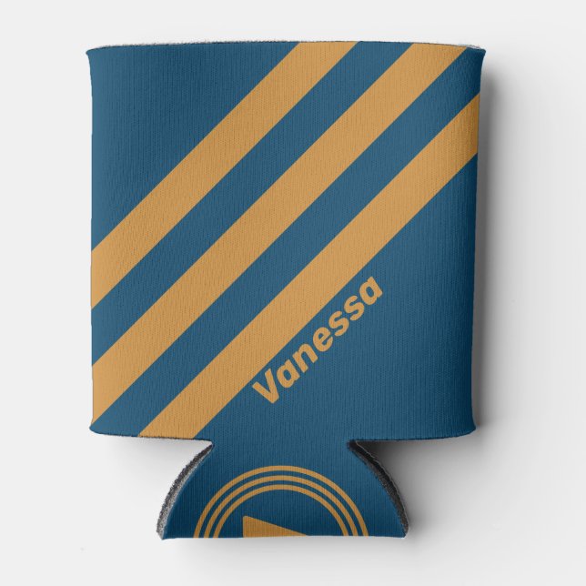 Retro Royal Gold Three Stripes with Name Can Cooler (Front)