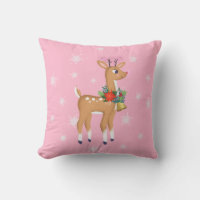 Retro Rudolph Reindeer Pink Throw Pillow
