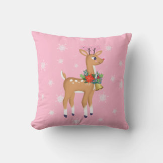 Retro Rudolph Reindeer Pink Throw Pillow