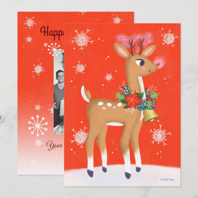 Retro Rudolph Reindeer Red Holiday Card (Front/Back)