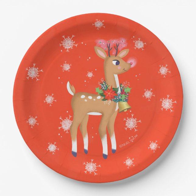 Retro Rudolph Reindeer Red Paper Plates (Front)