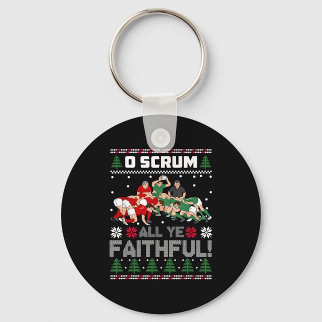 Retro Rugby O Scrum All Ye Faithful Ugly Merry Chr Keychain (Front)