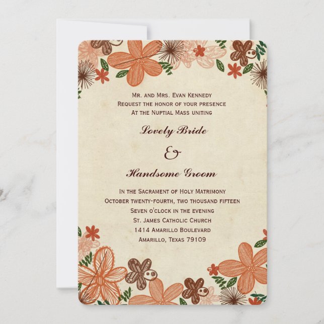 Retro Rust Orange Flowers Catholic Wedding Invitation (Front)