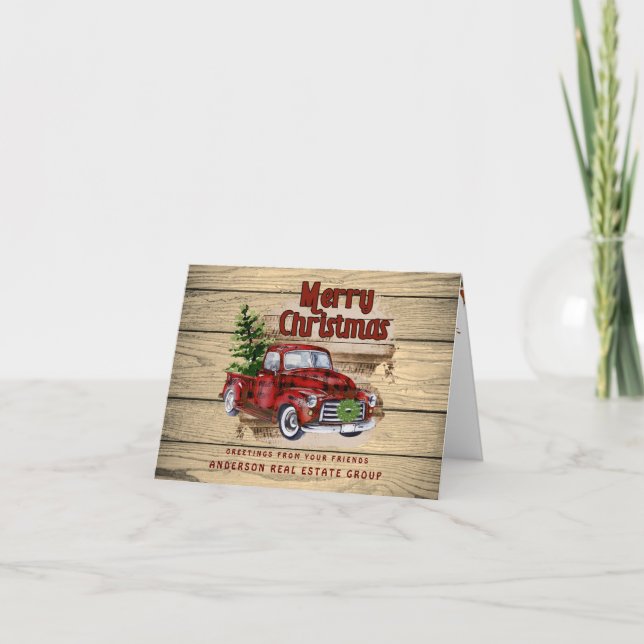 Retro Rustic Christmas Red Truck Corporate Holiday Card (Front)