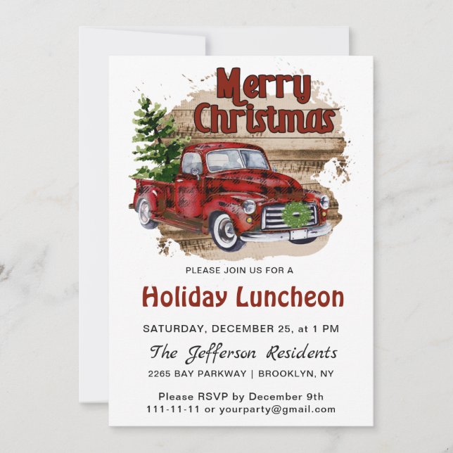 Retro Rustic Christmas Red Truck Holiday Luncheon Invitation (Front)