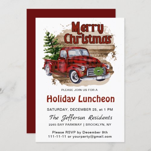 Retro Rustic Christmas Red Truck Holiday Luncheon Invitation