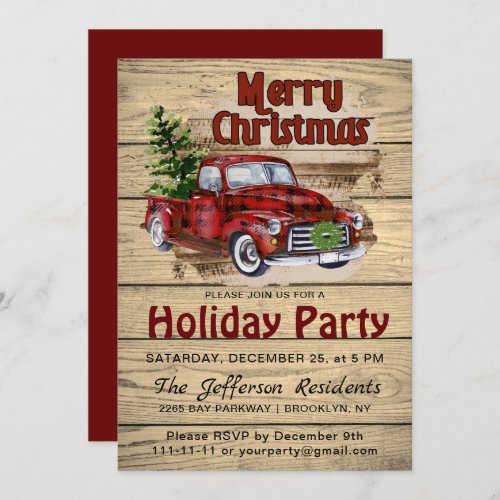Retro Rustic Christmas Red Truck Holiday Party Invitation