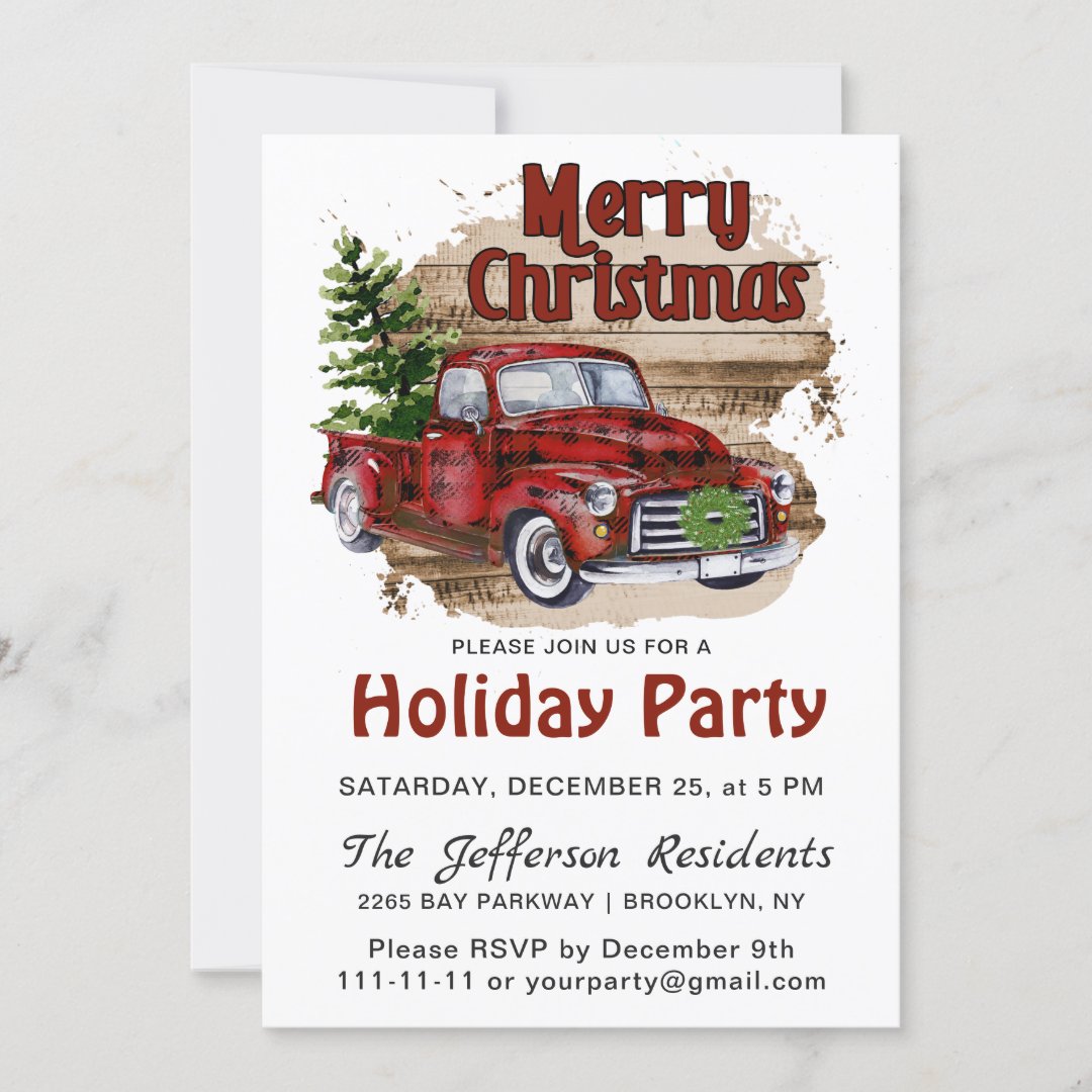 Retro Rustic Christmas Red Truck Holiday Party Invitation | Zazzle