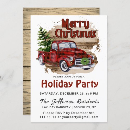 Retro Rustic Christmas Red Truck Holiday Party Invitation