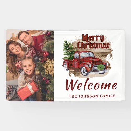 Retro Rustic Christmas Red Truck Holiday PHOTO Banner