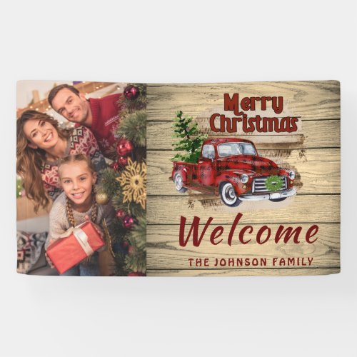 Retro Rustic Christmas Red Truck Holiday PHOTO Banner