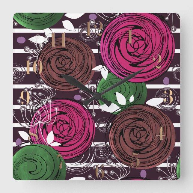 Retro, rustic, folk square wall clock (Front)