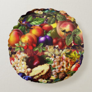 Retro Rustic Fresh Summer Tropical Fruit Vegetable Round Pillow