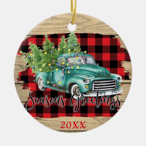 Retro Rustic Merry Christmas Farm Truck PHOTO Ceramic Ornament