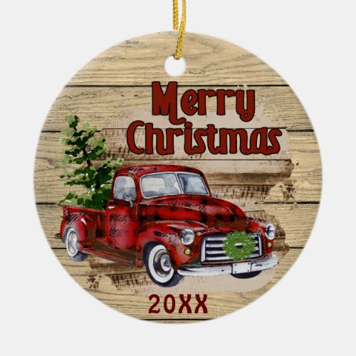 Retro Rustic Merry Christmas Red Truck PHOTO Ceramic Ornament