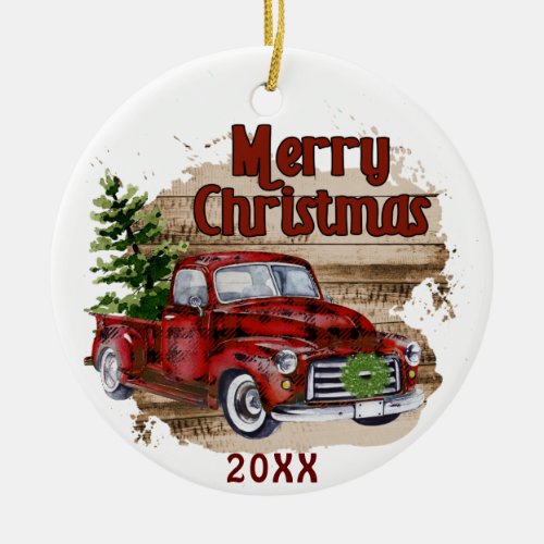 Retro Rustic Merry Christmas Red Truck PHOTO Ceramic Ornament