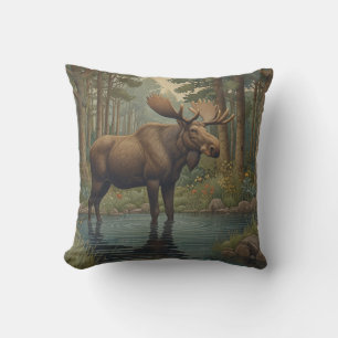 Retro rustic moose boho woodland forest greenery outdoor pillow