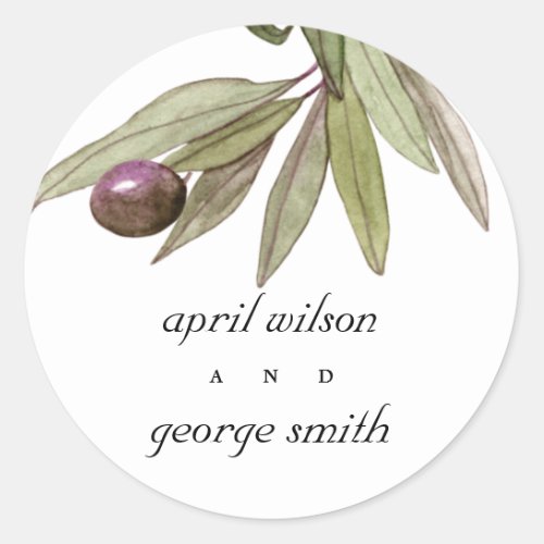 RETRO RUSTIC OLIVE WATERCOLOR FOLIAGE WEDDING CLASSIC ROUND STICKER