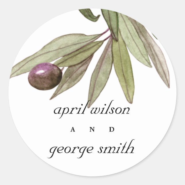 RETRO RUSTIC OLIVE WATERCOLOR FOLIAGE WEDDING CLASSIC ROUND STICKER (Front)
