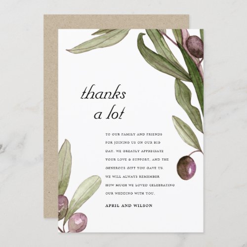 RETRO RUSTIC OLIVE WATERCOLOR FOLIAGE WEDDING THANK YOU CARD