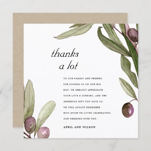 RETRO RUSTIC OLIVE WATERCOLOR FOLIAGE WEDDING THANK YOU CARD