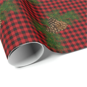 Retro rustic red black buffalo plaid pine cone wrapping paper