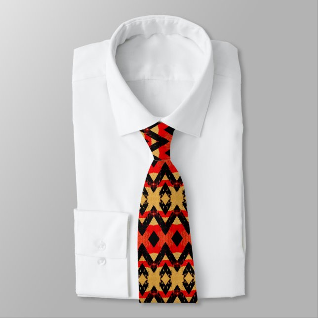 Retro Rustic Red Black Gold Pattern Neck Tie (Tied)