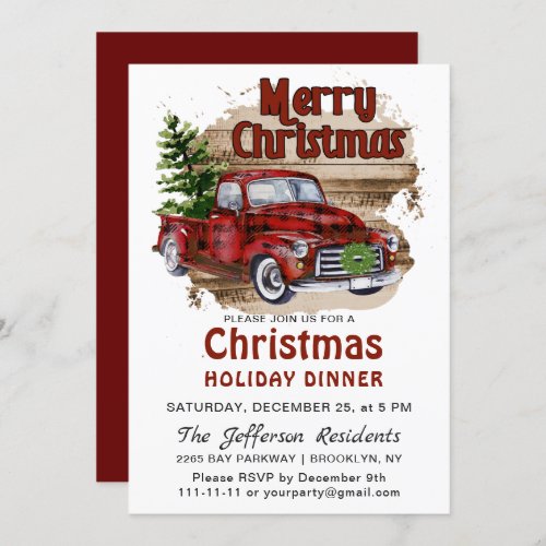 Retro Rustic Red Truck Christmas Holiday Dinner Invitation