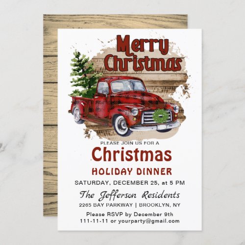 Retro Rustic Red Truck Christmas Holiday Dinner Invitation