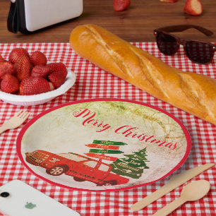 Retro Rustic Vintage Red Truck Merry Christmas Paper Plates