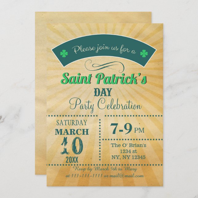 Retro Rustic Vintage St Patricks day Party Invitation (Front/Back)