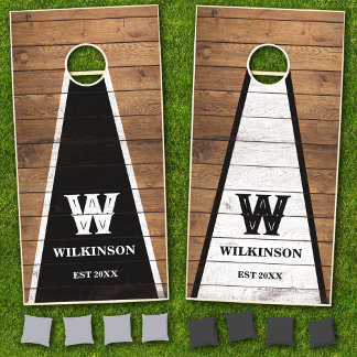 Retro Rustic Wood Black & White Family Monogram Cornhole Set