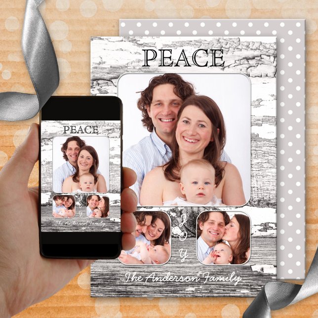 Retro Rustic Wood Christmas Photo Card (A retro Christmas card featuring your own photos framed by a rustic wood design)