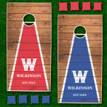 Retro Rustic Wood Red and Blue Family Monogram Cornhole Set