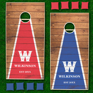 Retro Rustic Wood Red and Blue Family Monogram Cornhole Set