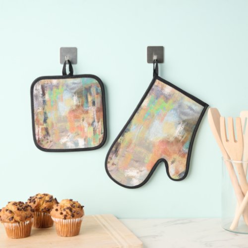 Retro rustic yellowpeachtaupegraycyan painting oven mitt  pot holder set