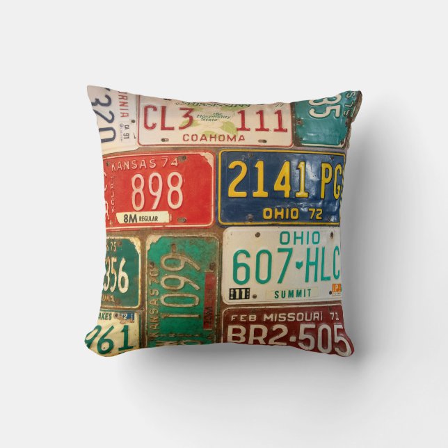 retro rusty license plate collection throw pillow (Front)