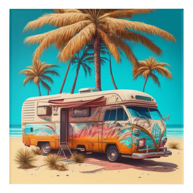 Retro RV and Palm Trees Acrylic Print (Front)