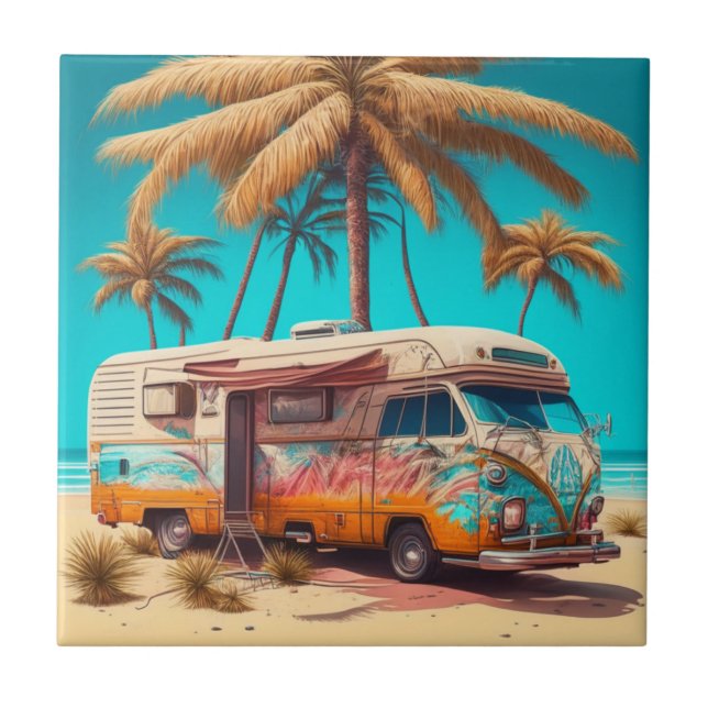 Retro RV and Palm Trees Ceramic Tile (Front)