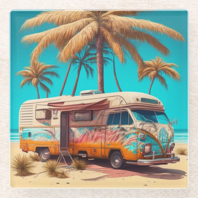 Retro RV and Palm Trees Glass Coaster (Front)