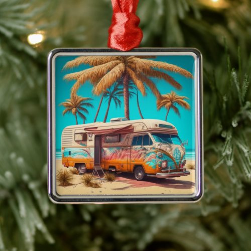 Retro RV and Palm Trees Metal Ornament