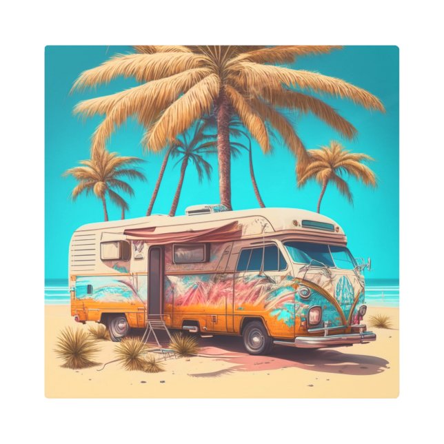 Retro RV and Palm Trees Metal Print (Front)