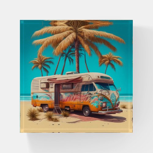 Retro RV and Palm Trees Paperweight