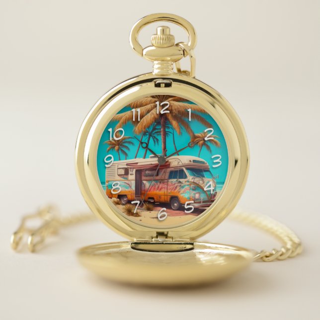 Retro RV and Palm Trees Pocket Watch (Inside)