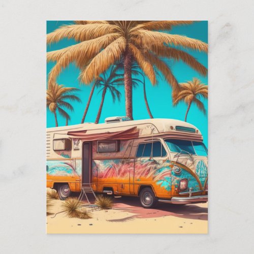 Retro RV and Palm Trees Postcard